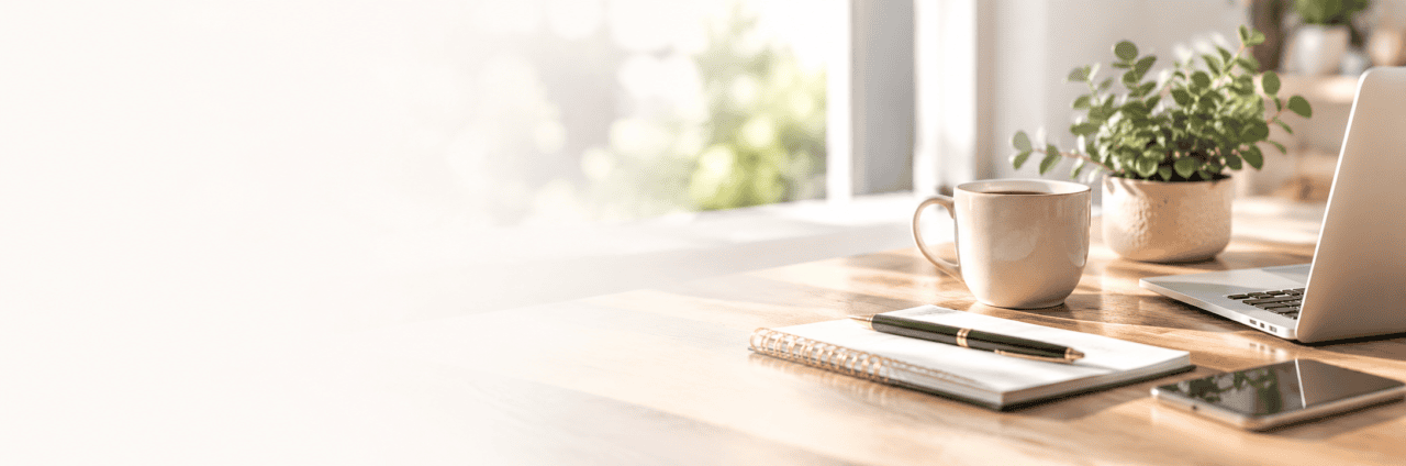 Skrivebord med kaffekop, notesbog, kuglepen, bærbar computer og mobiltelefon – kontakt Juridisk Sagsbehandling
